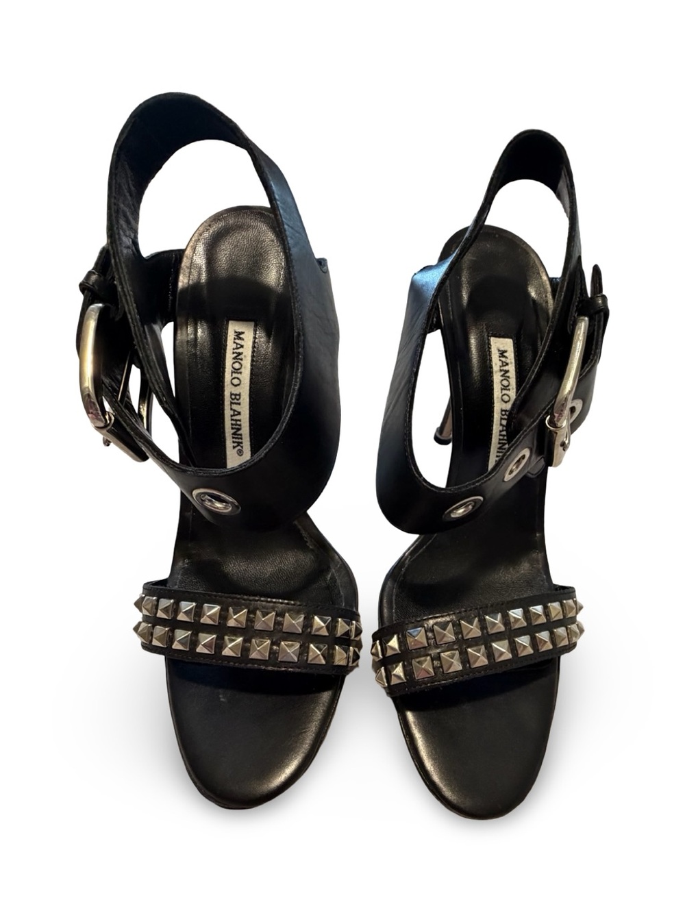 Manolo Blahnik Black Studded Leather Buckle Ankle Strap Sandals, 38 - Picture 2 of 16